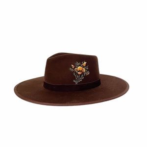 Wyeth Embroidered Boho Hat Fall Floral Accent Dark Brown Wool Wide Brim Bohemian